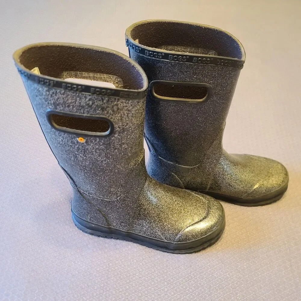 Bogs K RNBT Black Glitter Pull On Rubber Waterproof Rain Boots Youth 4